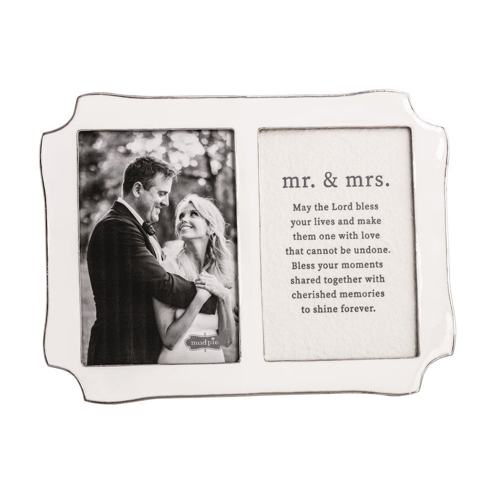 White double photo frame with a wedding couple on the left and a "Mr. & Mrs." blessing printed on the right.