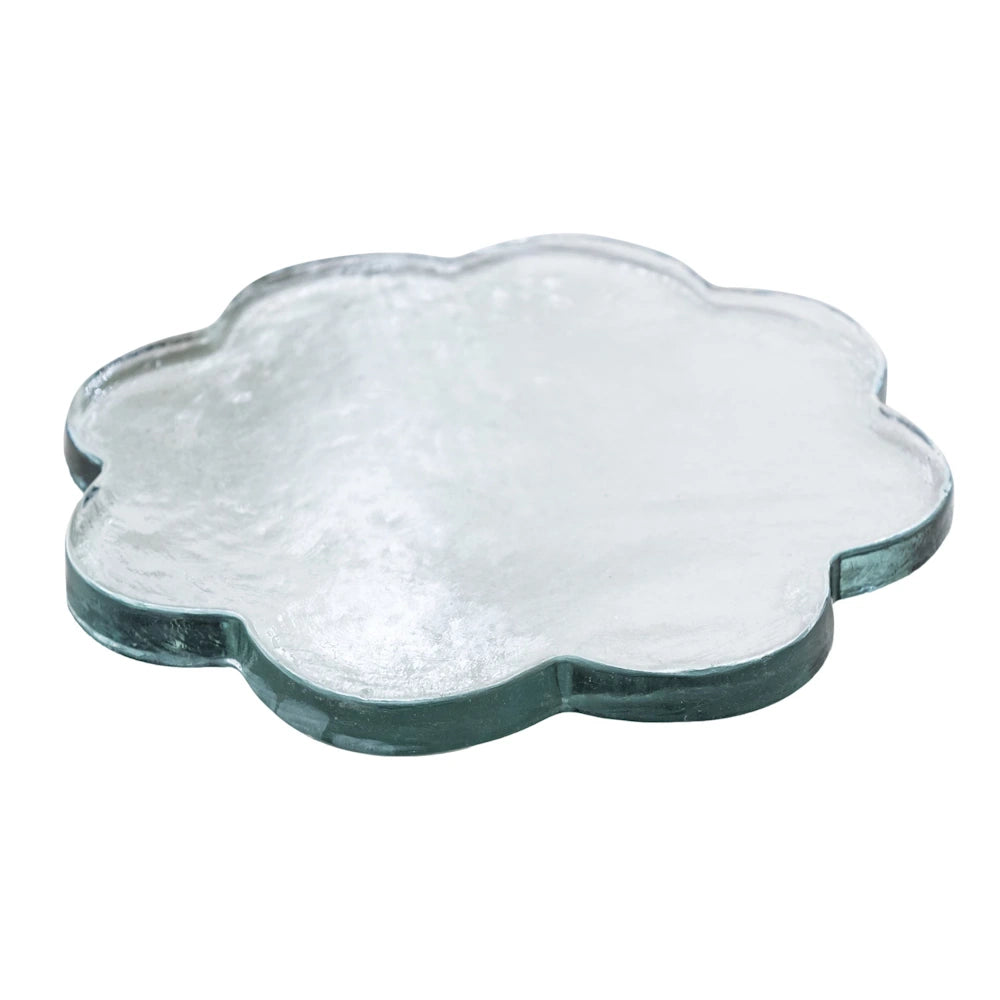 Pressed glass scalloped-edge coaster with a frosted finish and an icy texture.