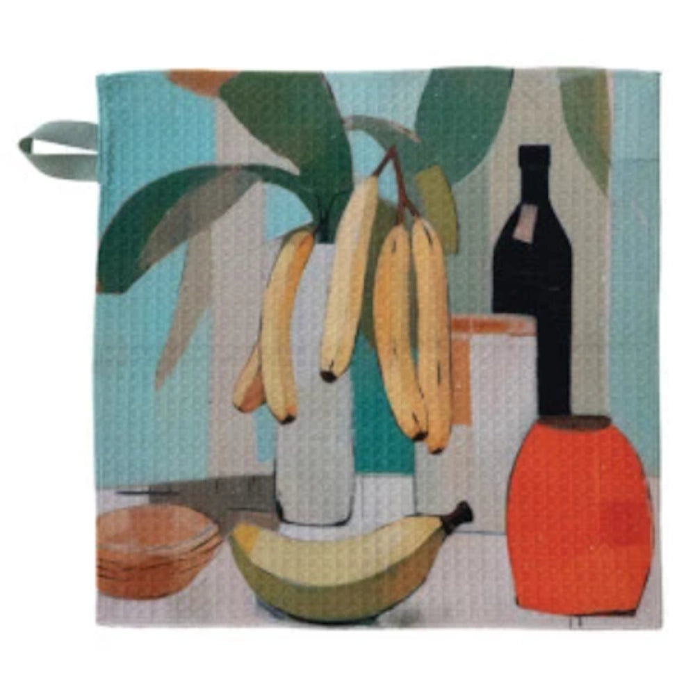 Eco-friendly microfiber dish cloth featuring a still life painting of bananas, a black bottle, and an orange vase.