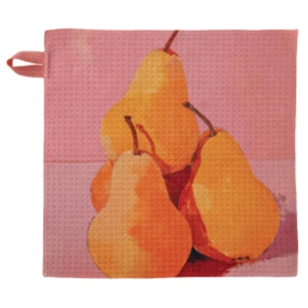 Eco-friendly recycled microfiber dish cloth featuring a waffle texture and a painted still life of pears on a pink background.