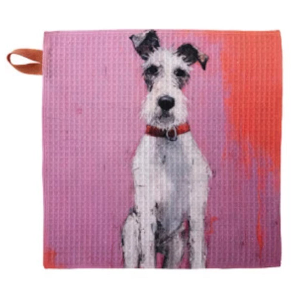 Absorbent waffle knit dish cloth featuring an artistic painted illustration of an Irish Terrier dog against a vibrant pink and orange background.