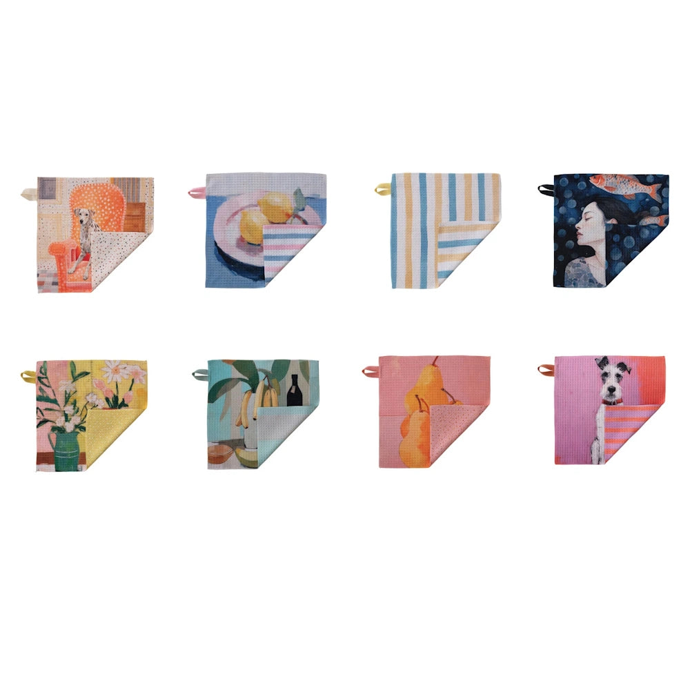 Collection of eight colorful, patterned microfiber dish cloths featuring dogs, fruit, floral art, and geometric stripes.