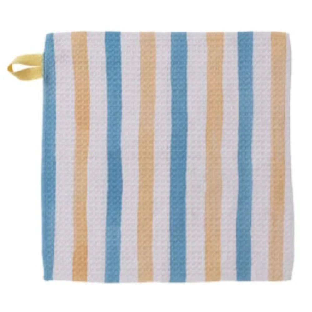 Striped waffle-weave recycled microfiber dish cloth in blue, tan, and white with a yellow hanging loop for kitchen cleaning.