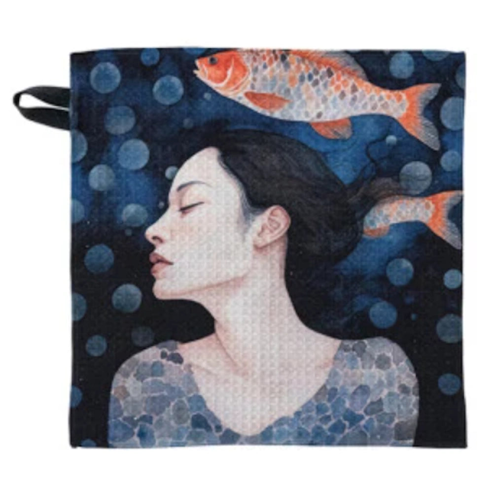 Underwater woman and koi fish reusable Swedish dishcloth with hanging loop, featuring a watercolor art design.