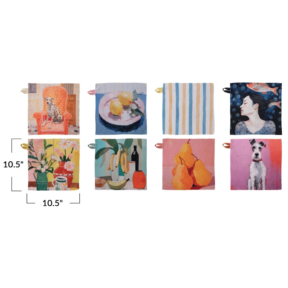 Collection of 10.5-inch square microfiber dish cloths featuring artistic prints of dogs, fruit, and floral still life.
