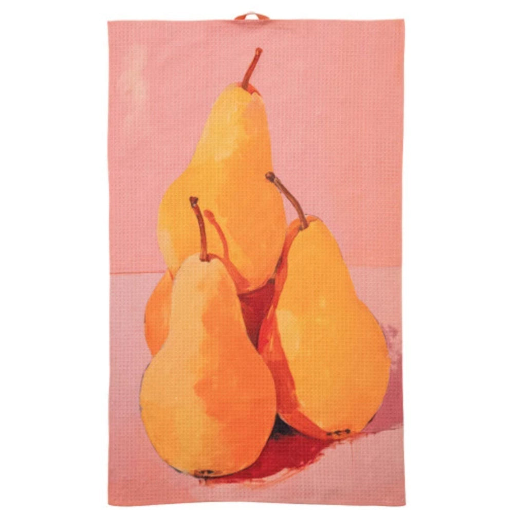 Artistic illustration of yellow pears on a pink background, printed on a waffle-weave recycled microfiber tea towel.
