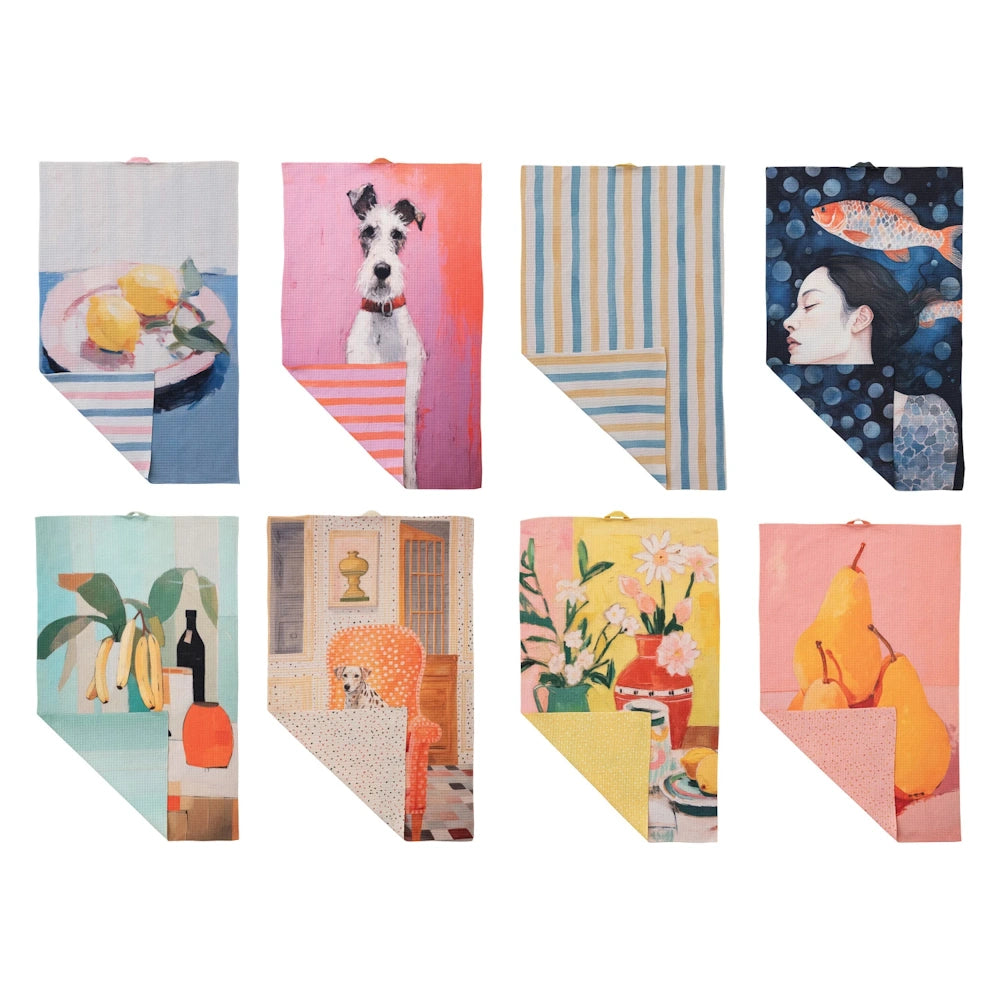 Assorted printed recycled microfiber two-sided tea towels featuring artistic dog, fruit, floral, and portrait designs.