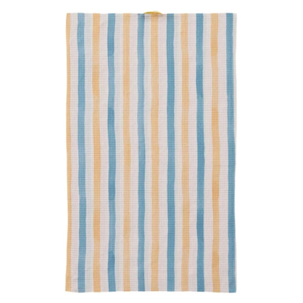 Blue and yellow vertical watercolor striped microfiber tea towel with a waffle weave texture and top hanging loop.