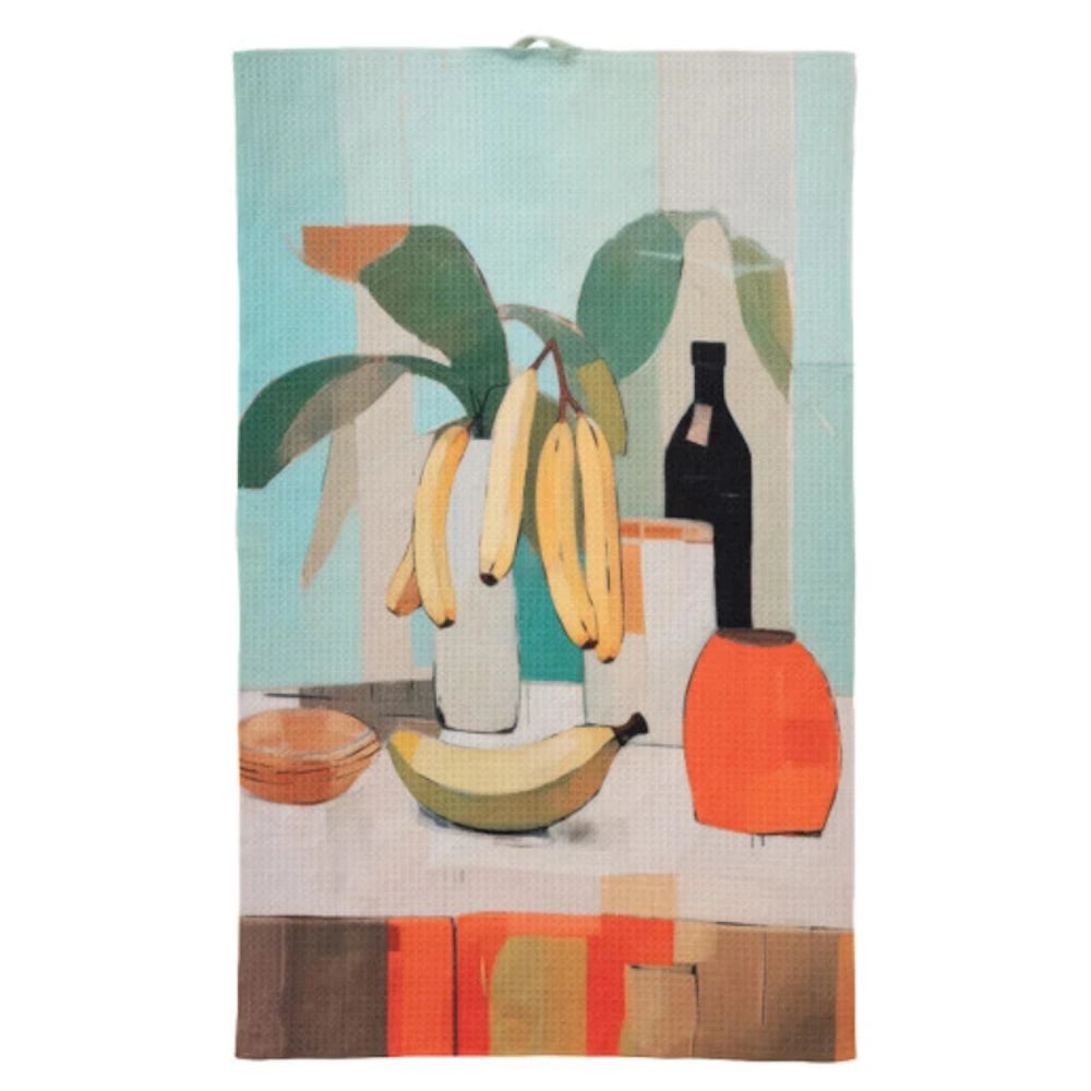 Still life art tea towel featuring bananas, a bottle, and orange bowl in a modern, painterly style on a teal background.
