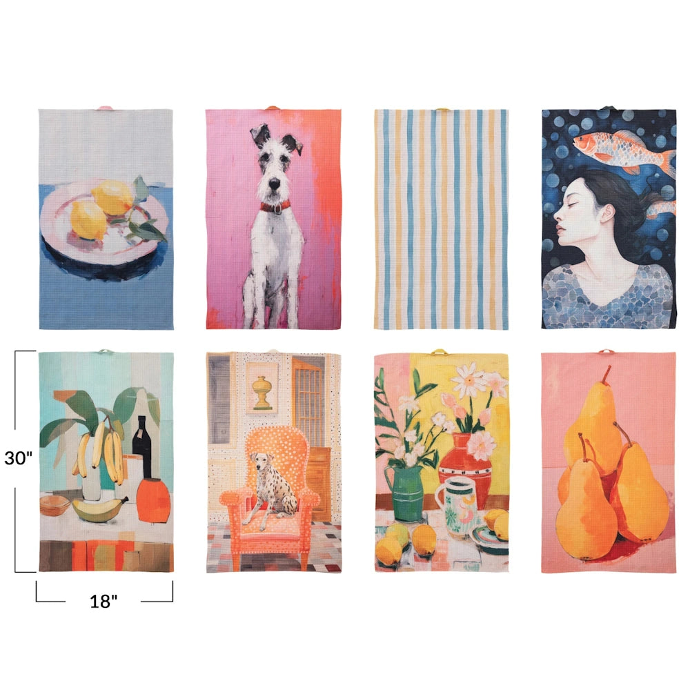 Assortment of eight vibrant, artistic microfiber tea towels featuring dogs, fruit still lifes, and floral patterns.