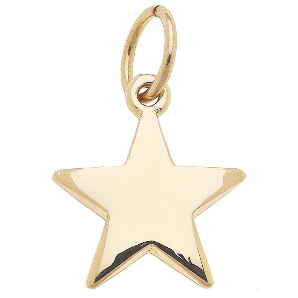 Shiny gold puffy star charm pendant with a polished finish and a top jump ring for jewelry making.