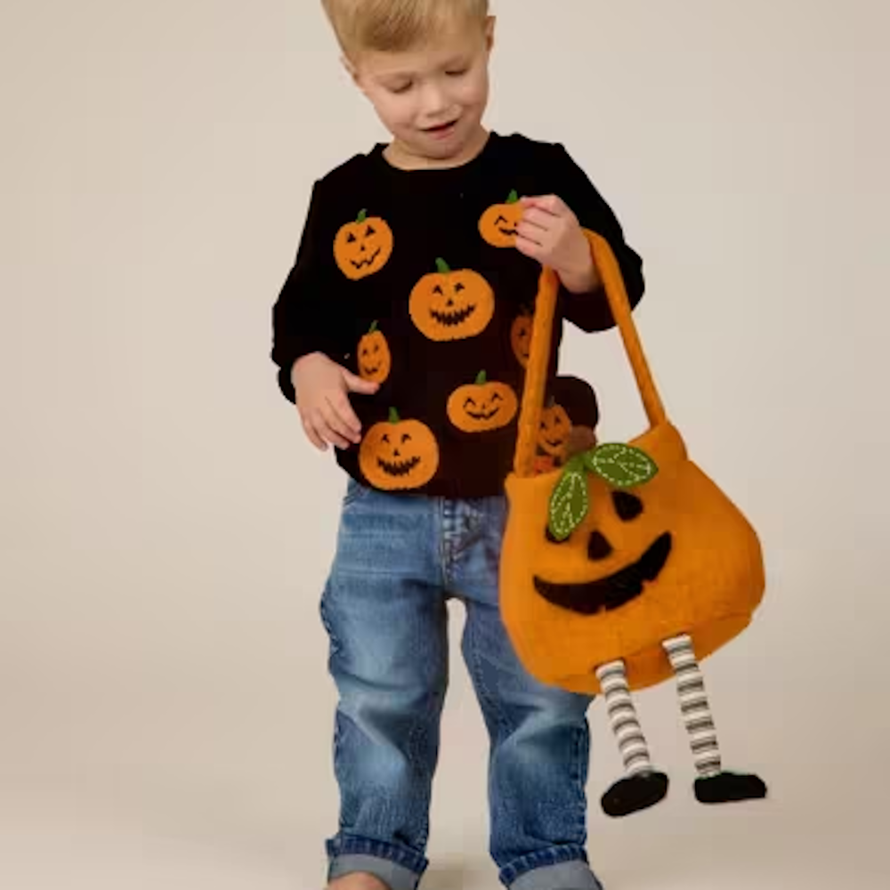 Young boy holding an orange pumpkin felt treat bucket with dangling striped legs while wearing a pumpkin-patterned sweater.