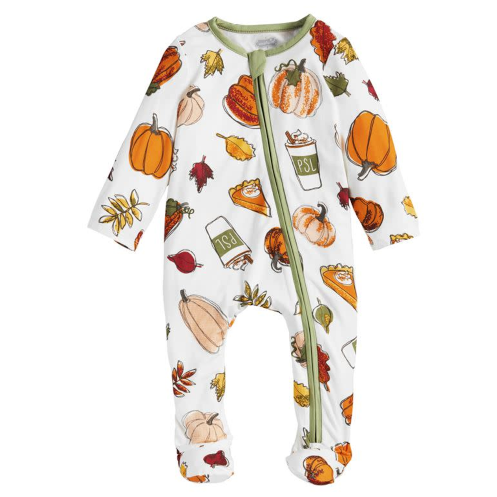 White baby sleeper with a full zip, patterned with pumpkins, autumn leaves, PSL cups, and pie slices.