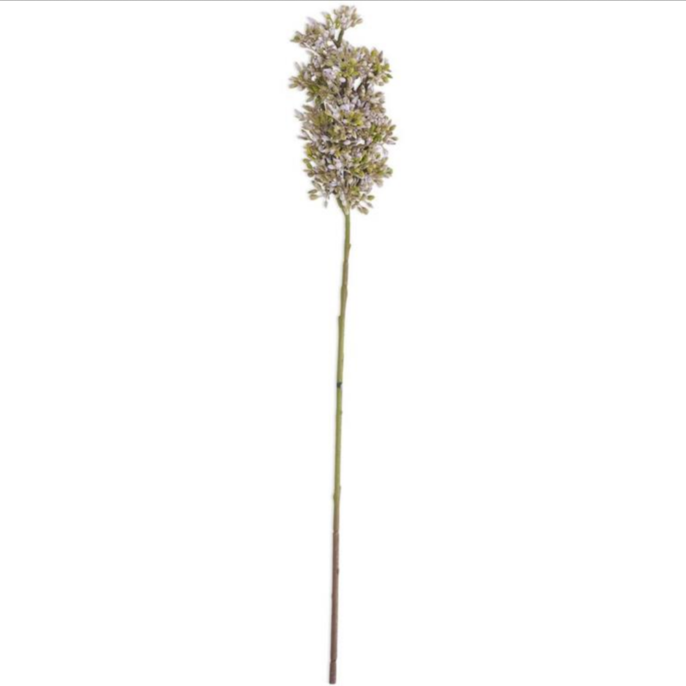 A single artificial stem of light purple and green budded lilac flowers on a plain white background.