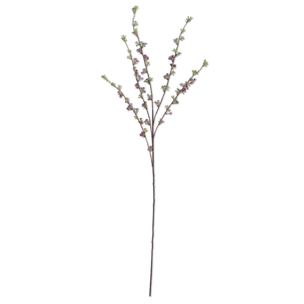 Artificial floral branch spray with delicate purple and green buds on a plain white background.