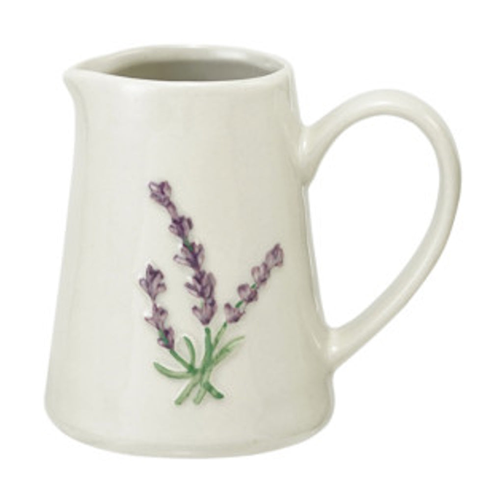 Stoneware creamer featuring an embossed purple lavender botanical design.
