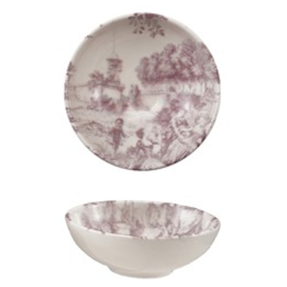 Top and side views of a white stoneware bowl with a purple pastoral toile pattern featuring trees and figures.