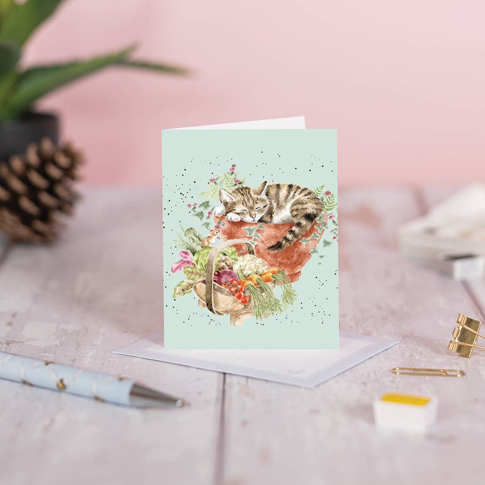 Watercolor illustration of a tabby cat napping in a flowerpot next to a garden vegetable basket on a mint green card.