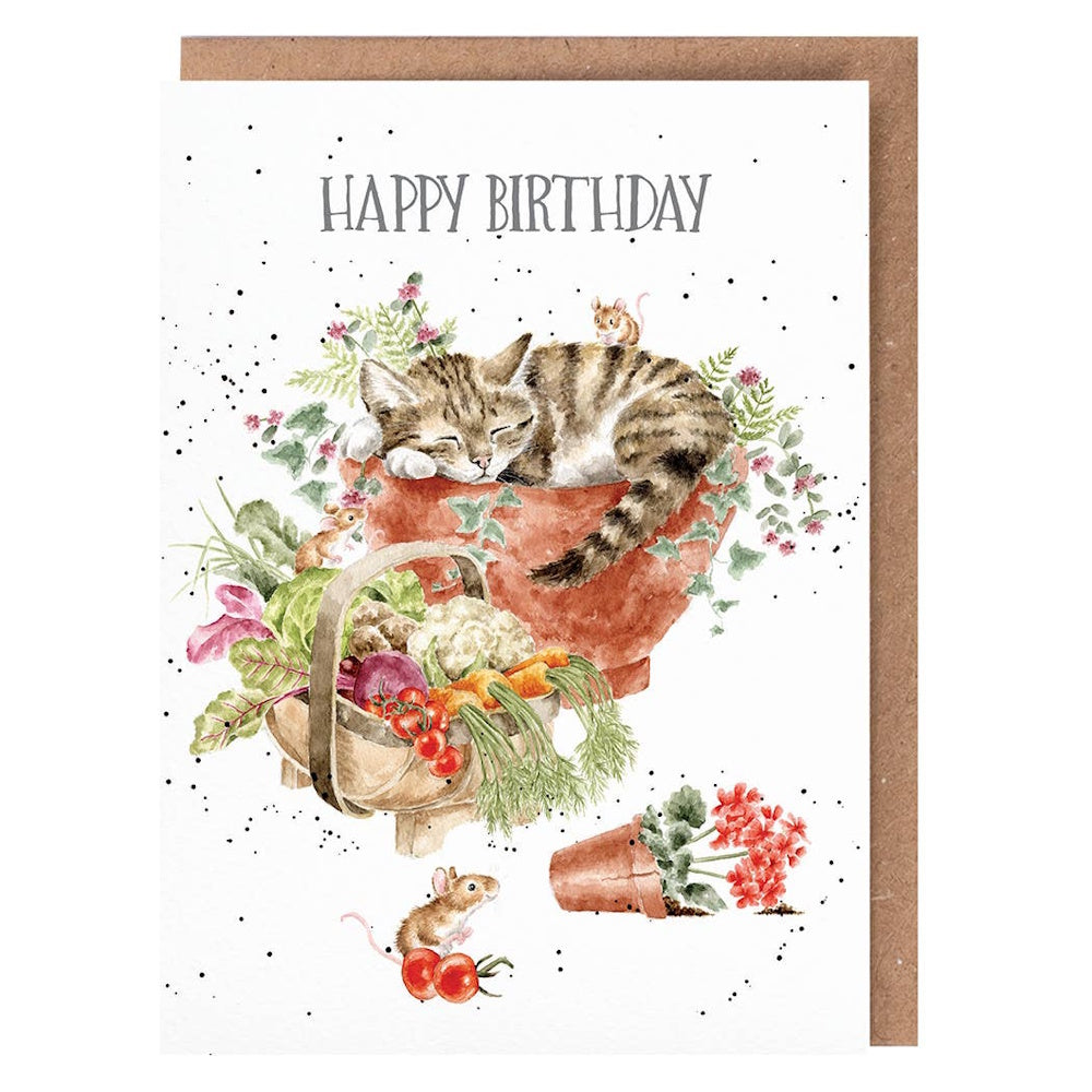 Watercolor illustration of a tabby cat sleeping in a flowerpot with mice, garden vegetables, and "Happy Birthday" text.