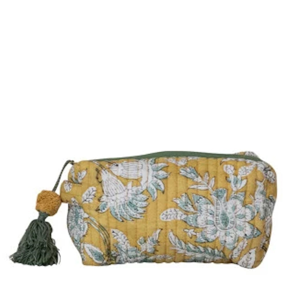 Quilted yellow floral cotton voile zip pouch with a green tassel.
