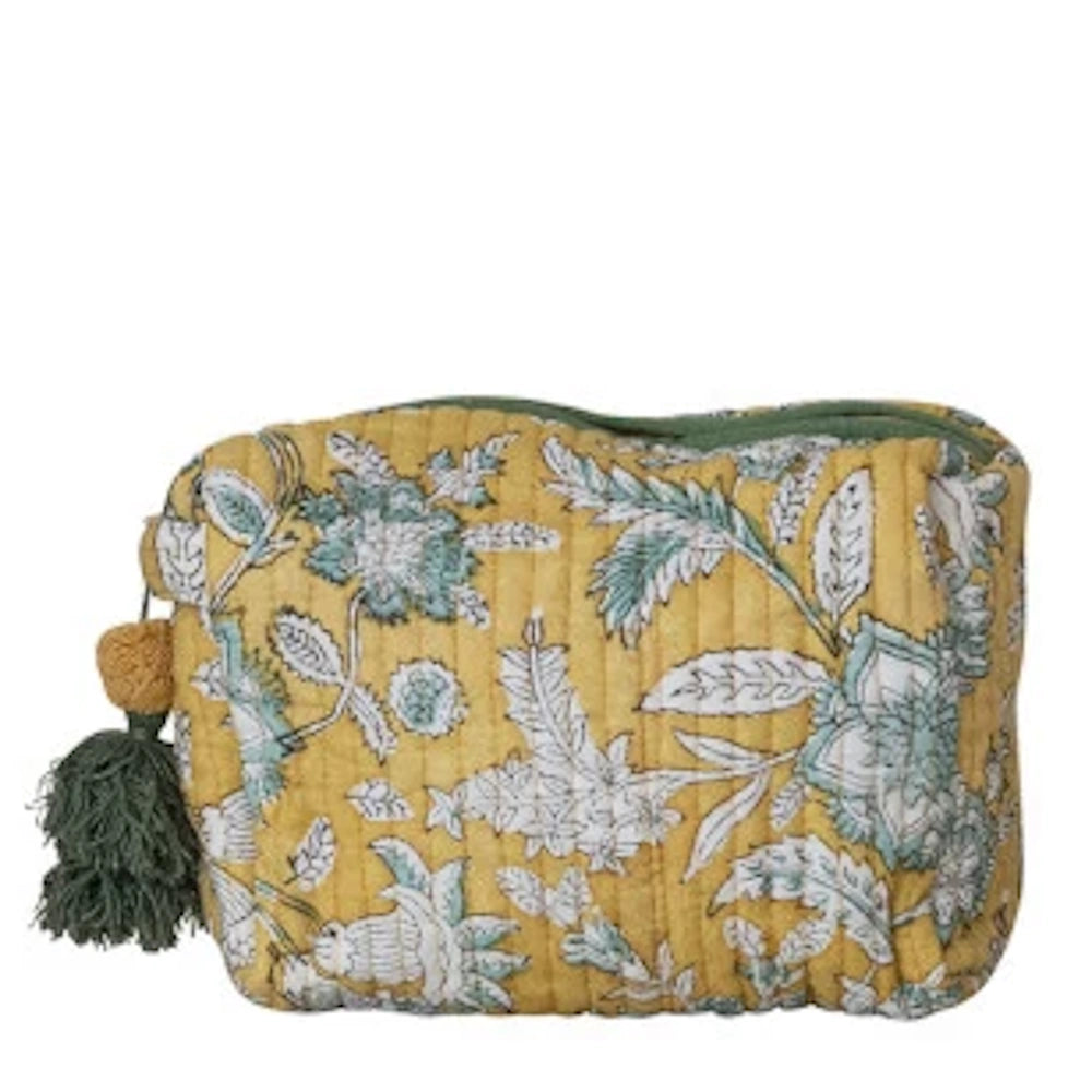 Quilted yellow floral cotton voile zip pouch with green tassel, ideal for makeup or travel storage.