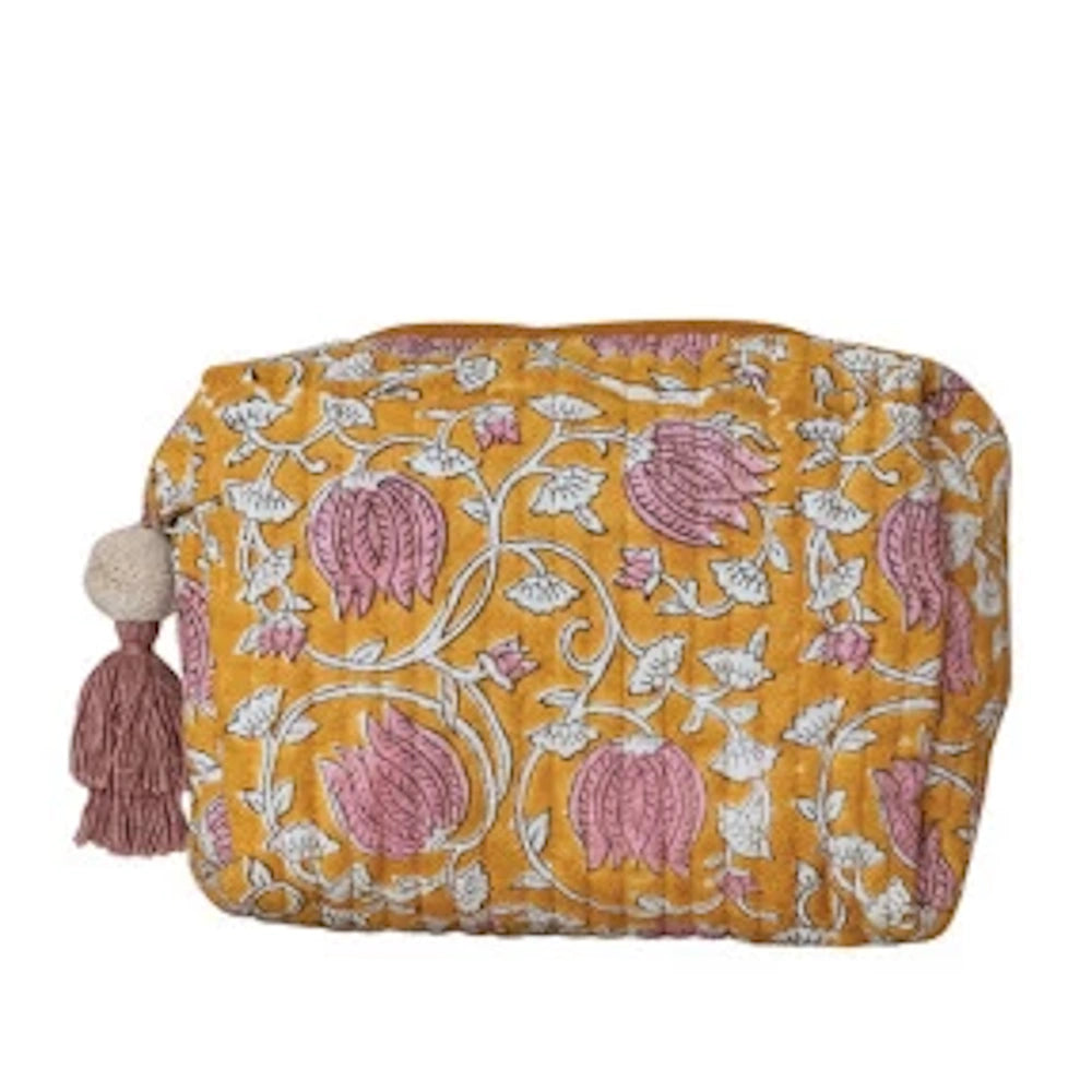 Yellow quilted cotton voile zip pouch with a pink floral pattern and a decorative tassel for stylish storage.
