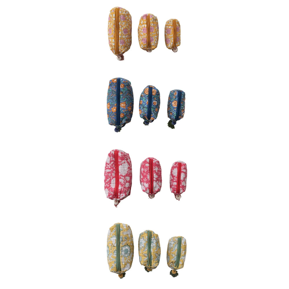 Quilted cotton floral zip pouches in various sizes and colors, including pink, blue, yellow, and green.