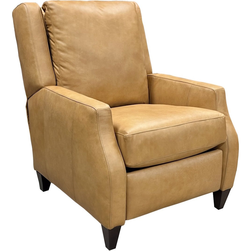Modern tan leather recliner chair with sleek arms and dark wood legs on a white background.