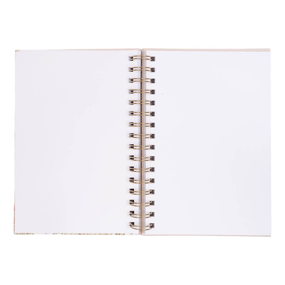Top view of an open spiral notebook with blank white pages and a gold wire-o binding on a white background.