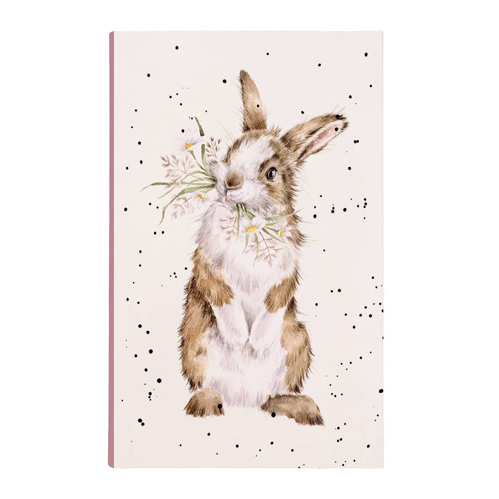 Wrendale Designs notebook with watercolor brown and white bunny holding a wild flower daisy bouquet, against speckled background.