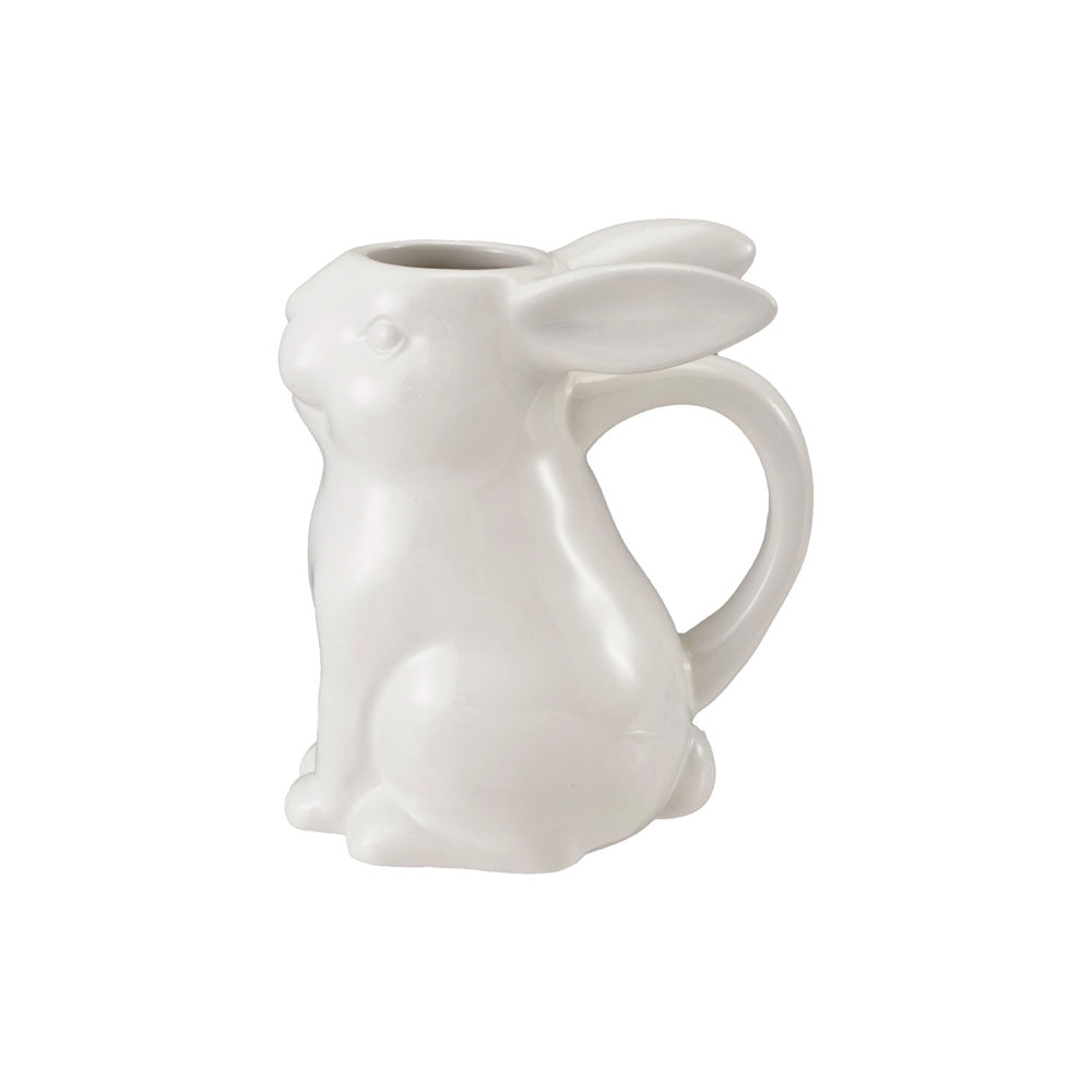 White ceramic rabbit creamer pitcher featuring long ears and a convenient curved side handle.