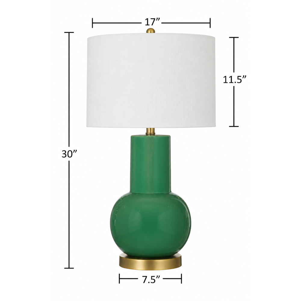 Green table lamp with labeled measurements showing height 30", shade width 17", shade height 11.5", base 7.5".