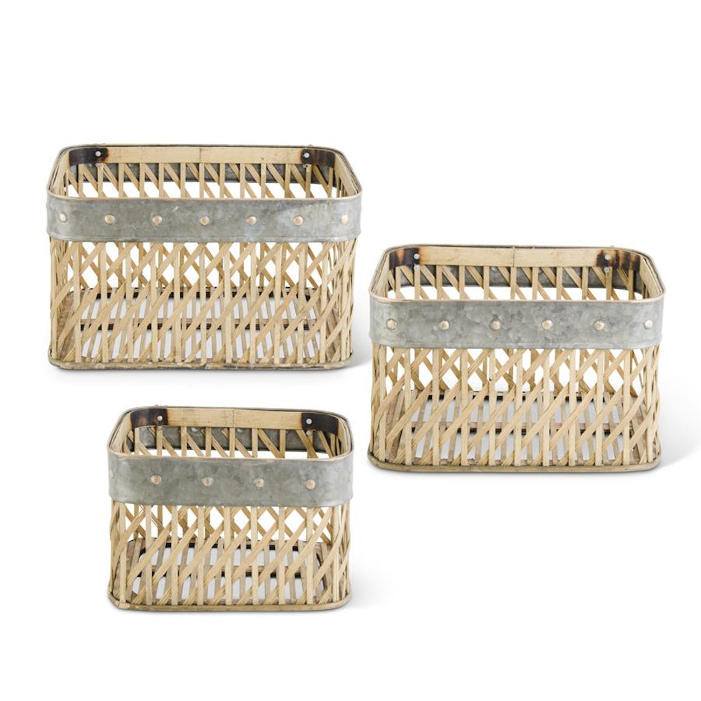 Small Rectangular Woven Bamboo Wall Basket with Metal Trim — alternate view 2