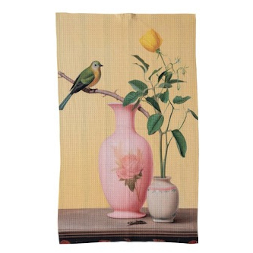 Tea towel featuring a bird on a branch and a yellow rose in a pink vase, illustrated in a vintage botanical style.