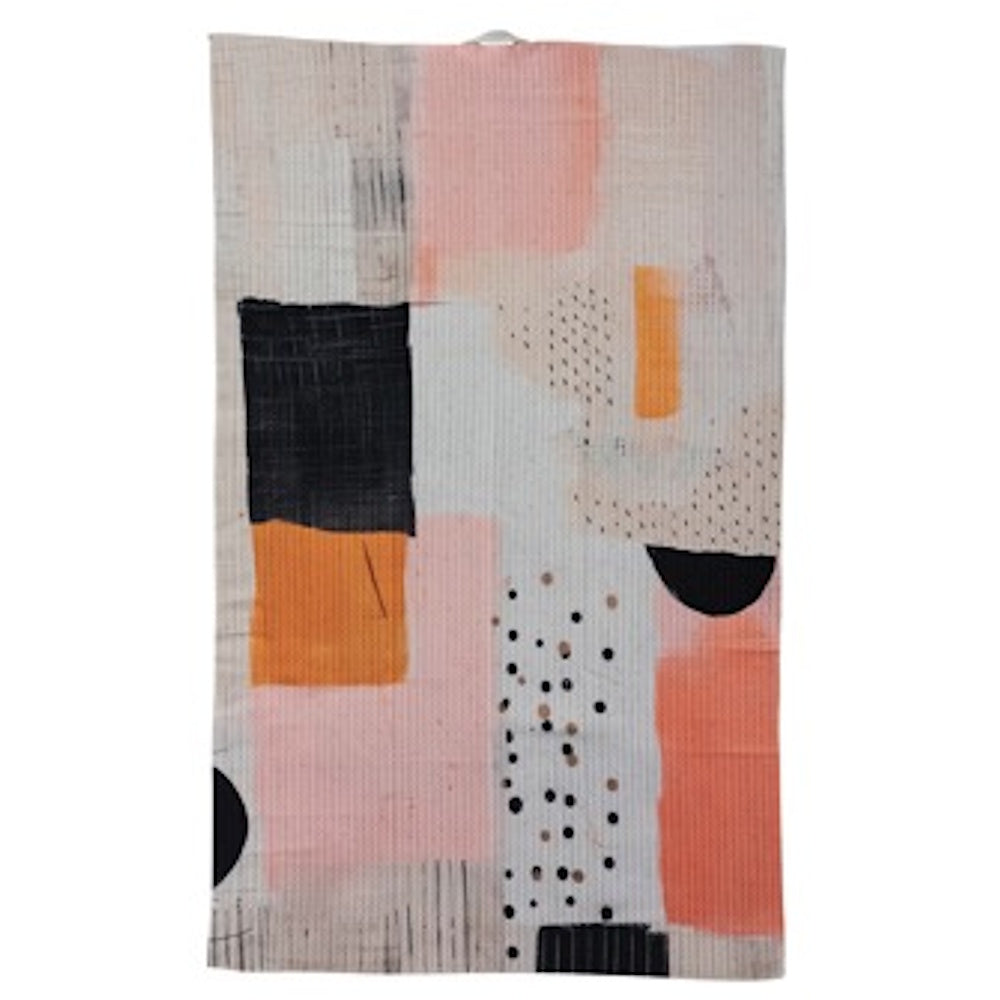 An abstract tea towel featuring geometric blocks of pink, orange, and black with textured patterns and black dots.