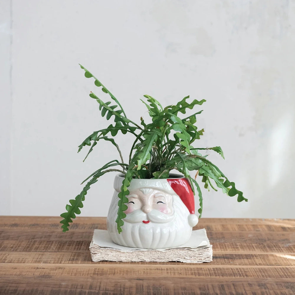 Red & Cream Stoneware Santa Head Planter
