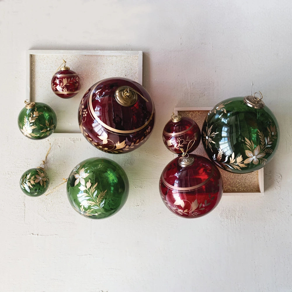 Red & Gold Finish Glass Ball Ornament with Botanicals