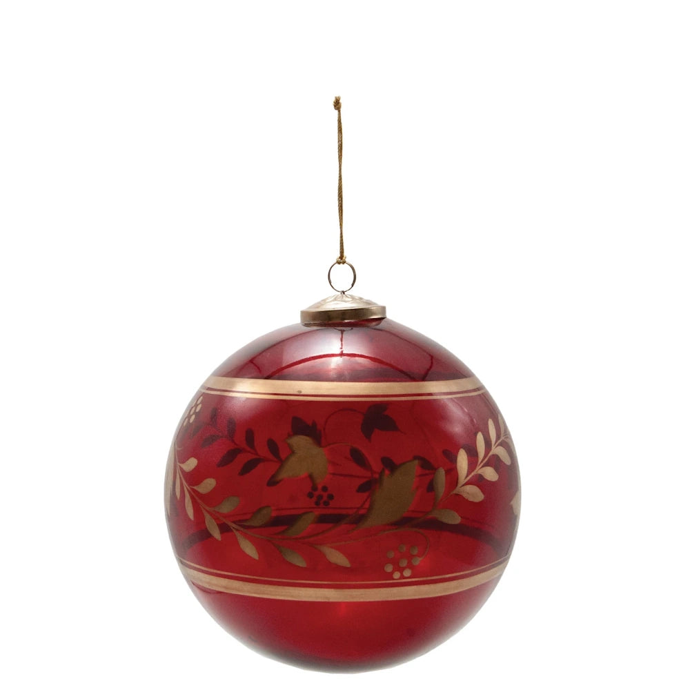 Red & Gold Finish Glass Ball Ornament with Botanicals — alternate view 5