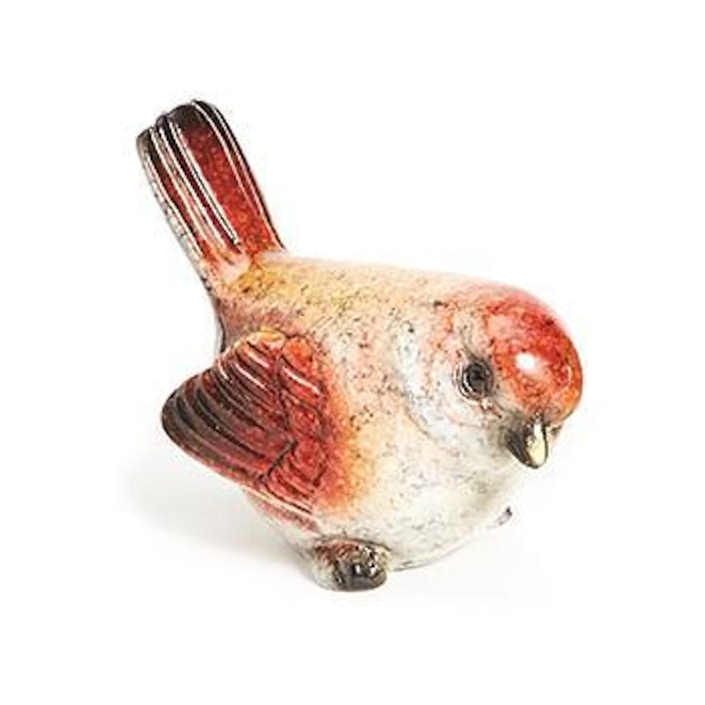 Hand-painted ceramic bird figurine with red and beige accents, standing on a white background.
