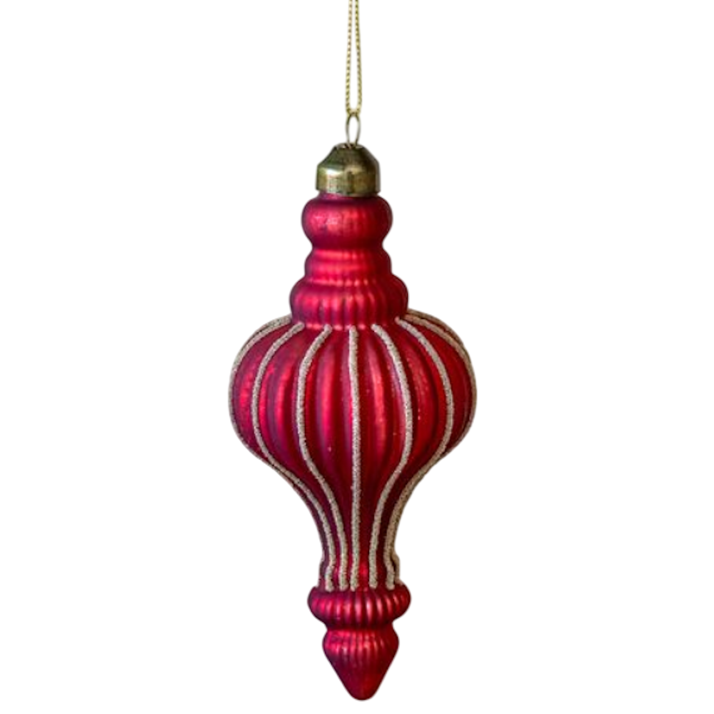 Red ribbed glass finial ornament with glitter accents and an antique brass cap.