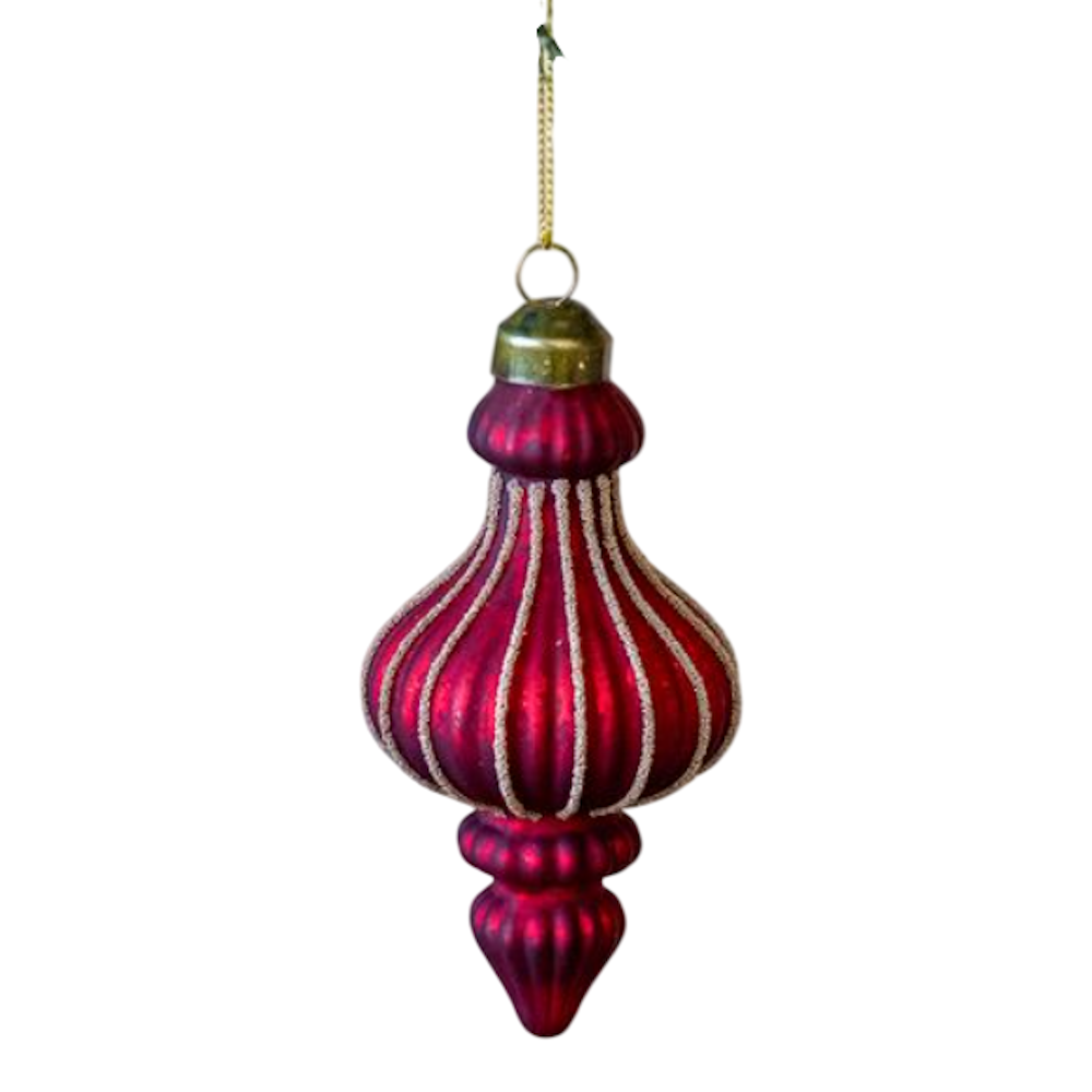 Large red ribbed glass finial ornament with glitter accents and an antique brass cap.