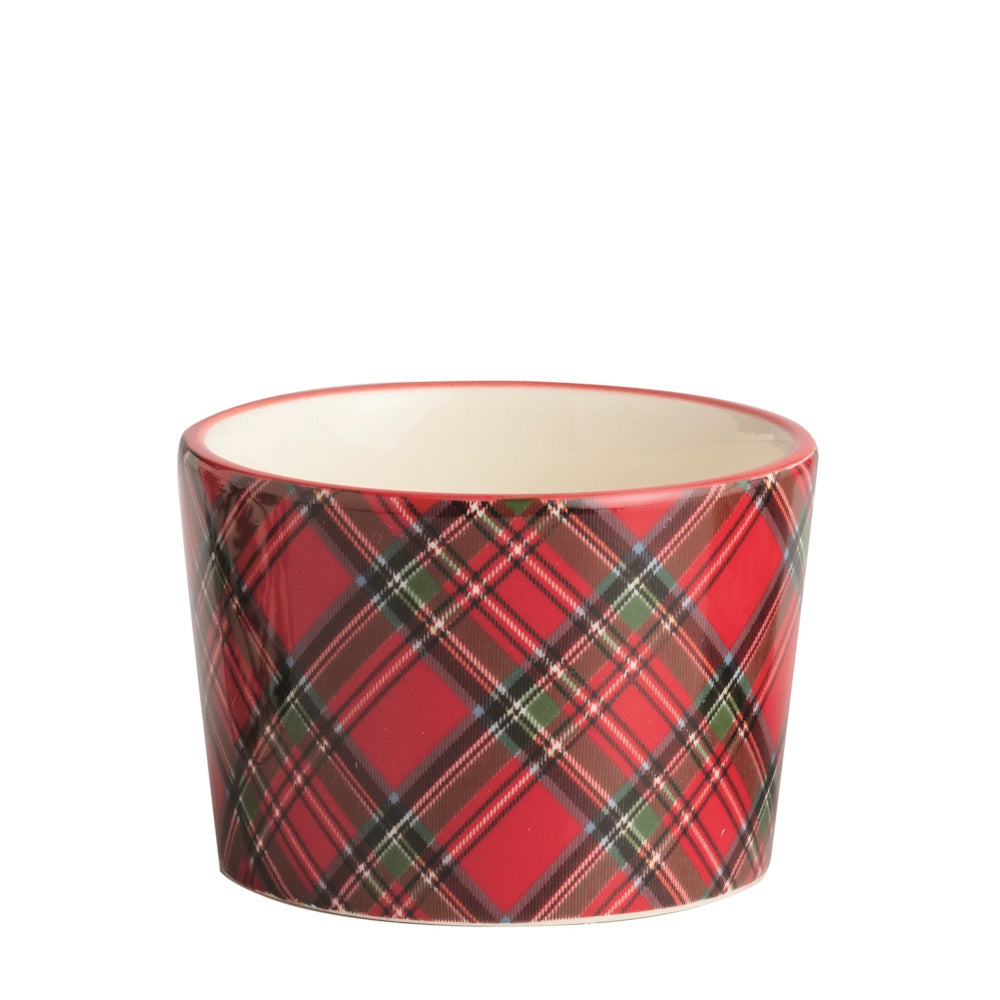 Front view of a red tartan ceramic Christmas tidbit dish.