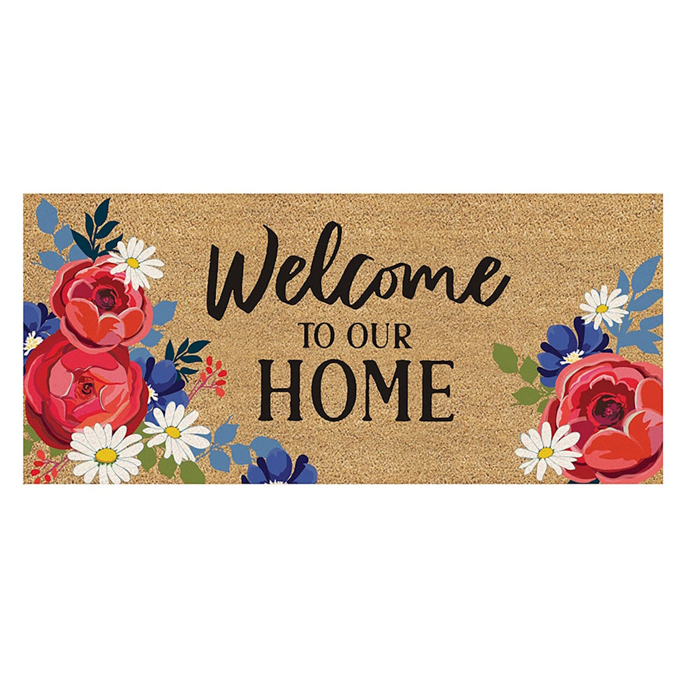 "Welcome to Our Home" text on a tan coir doormat with red roses, white daisies, and blue flowers on the corners.