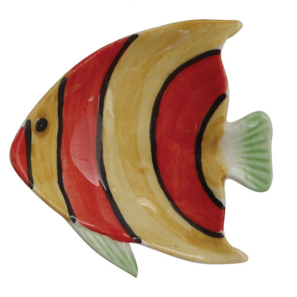 An angelfish-shaped ceramic dish with painted yellow and red vertical stripes, black outlines, and green fins.