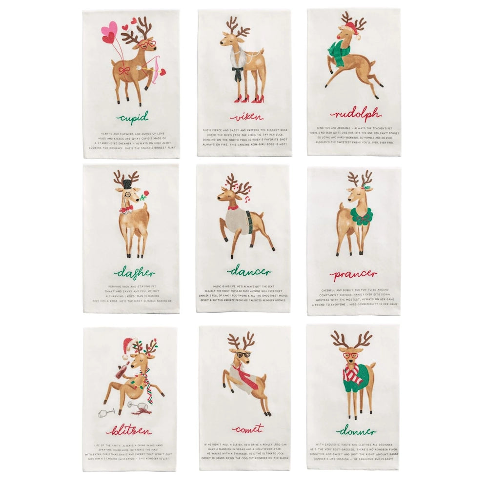 Set of nine white holiday hand towels featuring illustrations and poems for each reindeer.