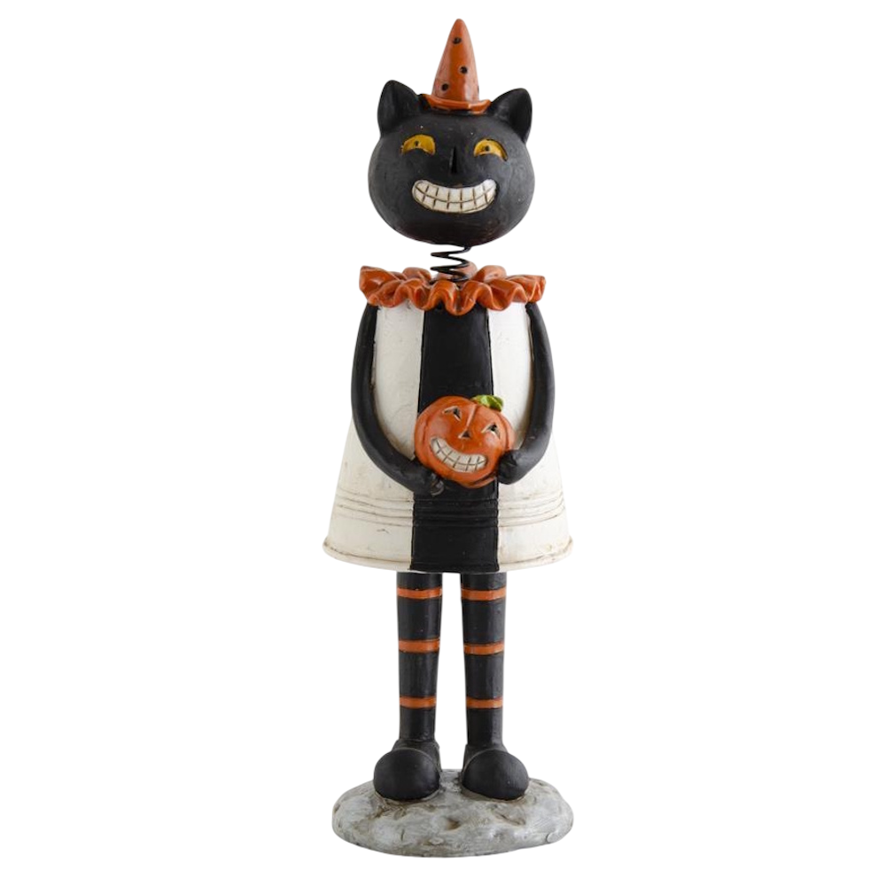 Vintage-style black cat bobblehead figurine holding a pumpkin and wearing a party hat.