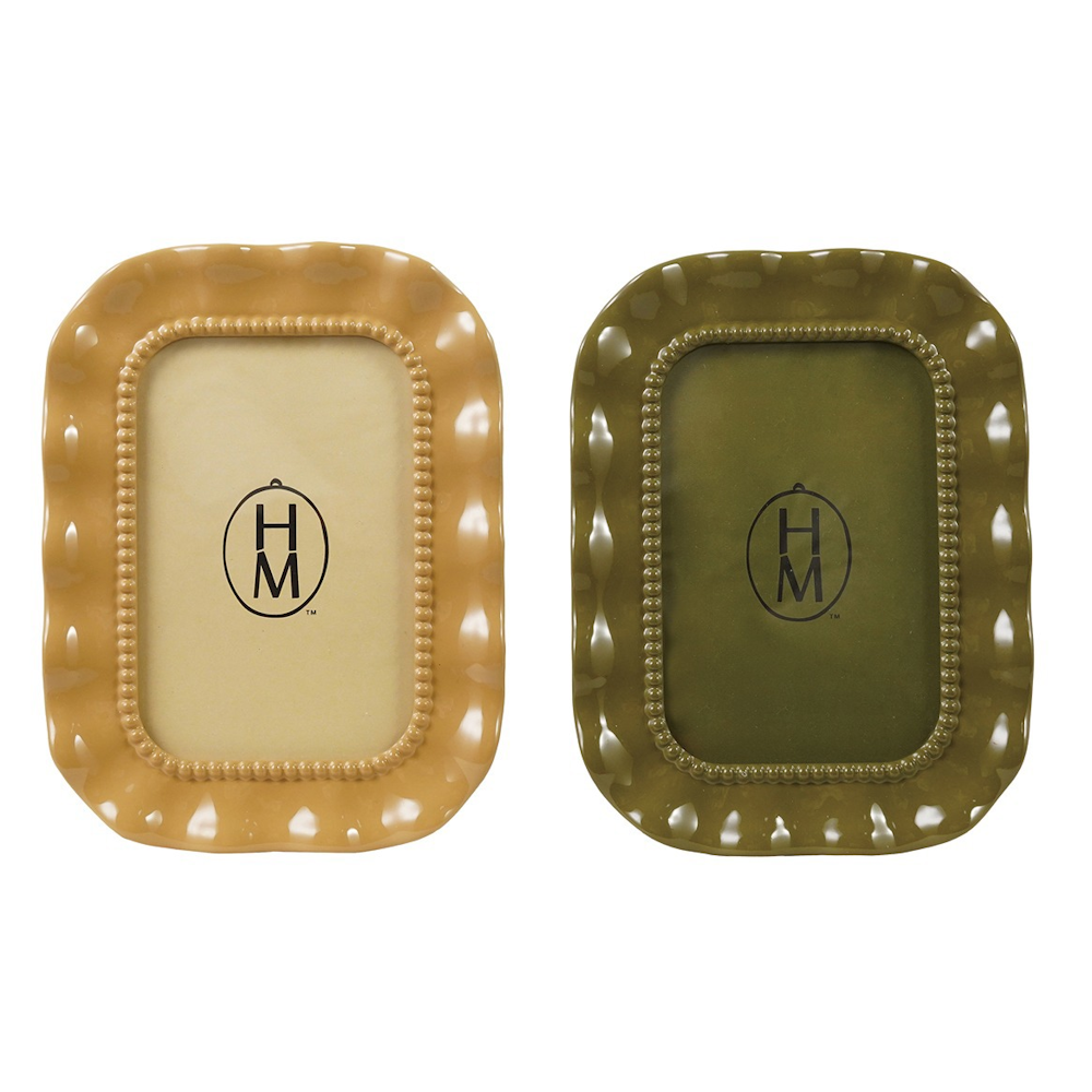 Two glossy picture frames with wavy edges and beaded inner trim, shown in beige and olive green.