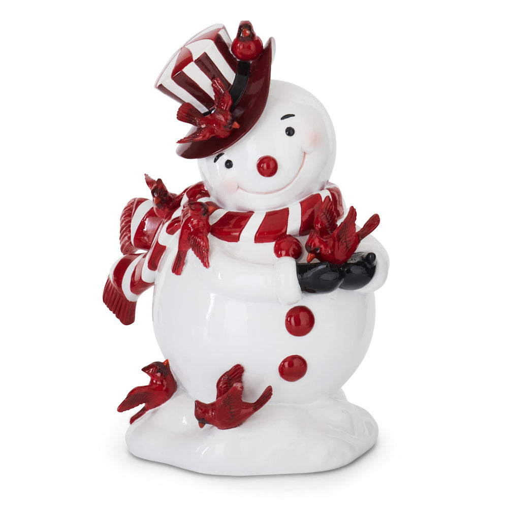 Glossy white snowman figurine adorned with red cardinals, a striped scarf, and a red top hat.