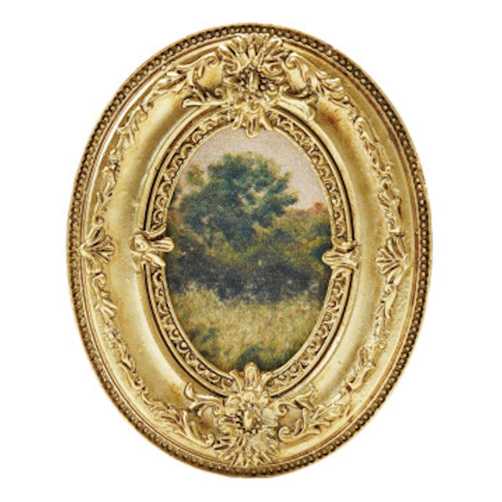 Ornate oval gold frame featuring a vintage-style landscape painting of a green tree in a meadow.