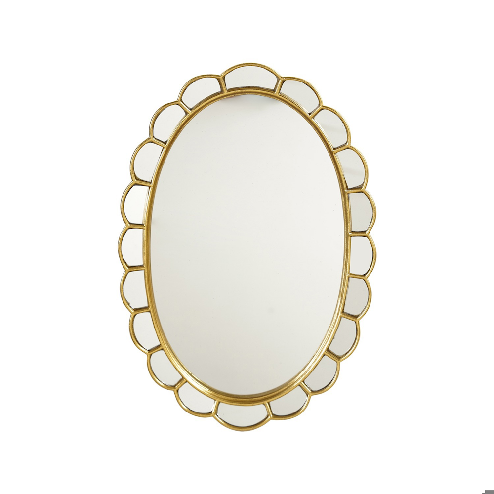 An oval gold vanity tray featuring a mirrored surface and a scalloped outer border.